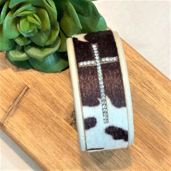 Earrings. Faux Cowhide. Rhinestone Cross. Pierced. NWT. - Picture 2 of 2